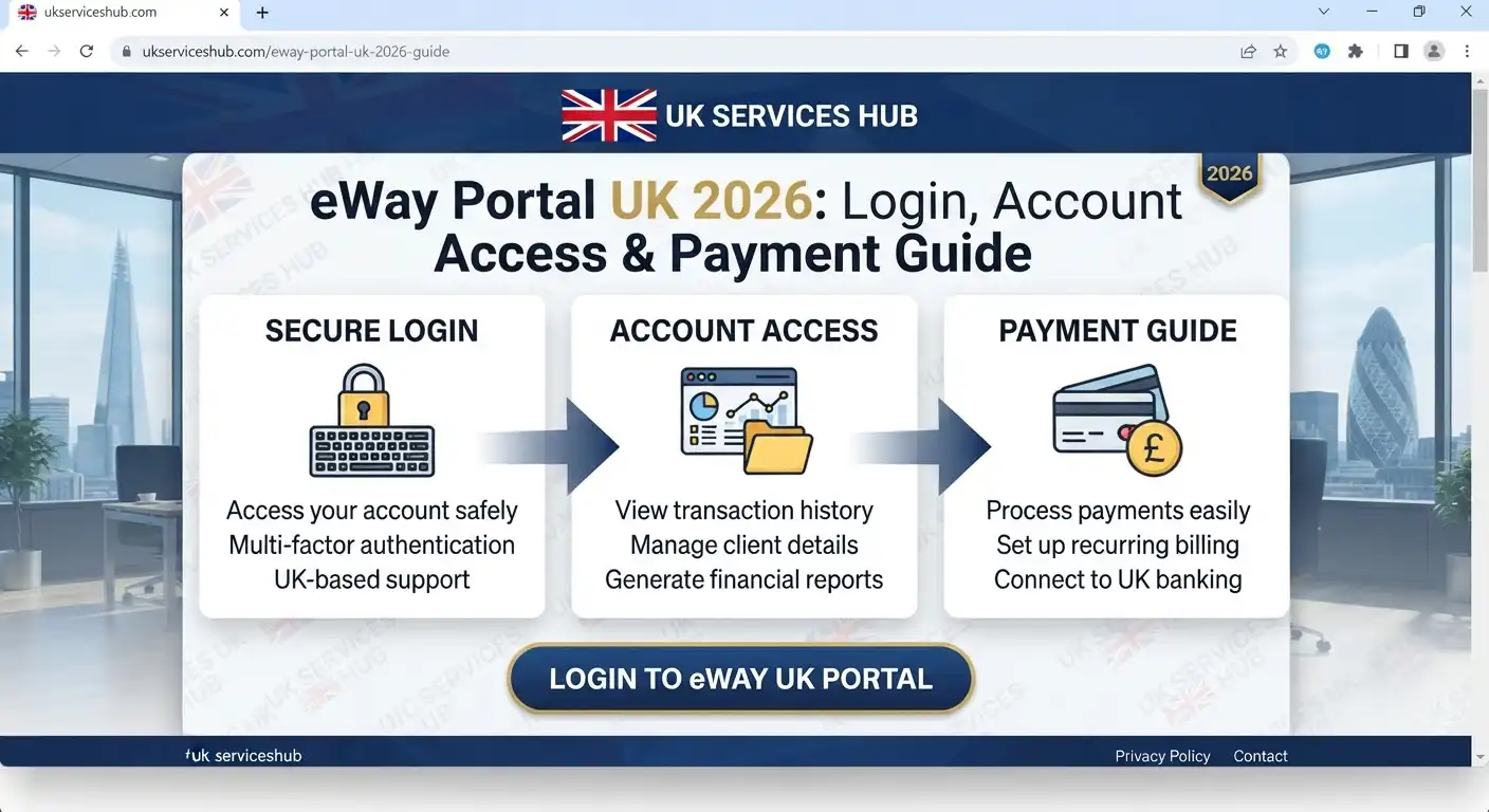 UK Services Hub webpage guide for eWay Portal UK 2026, featuring secure login, account access, and payment icons.