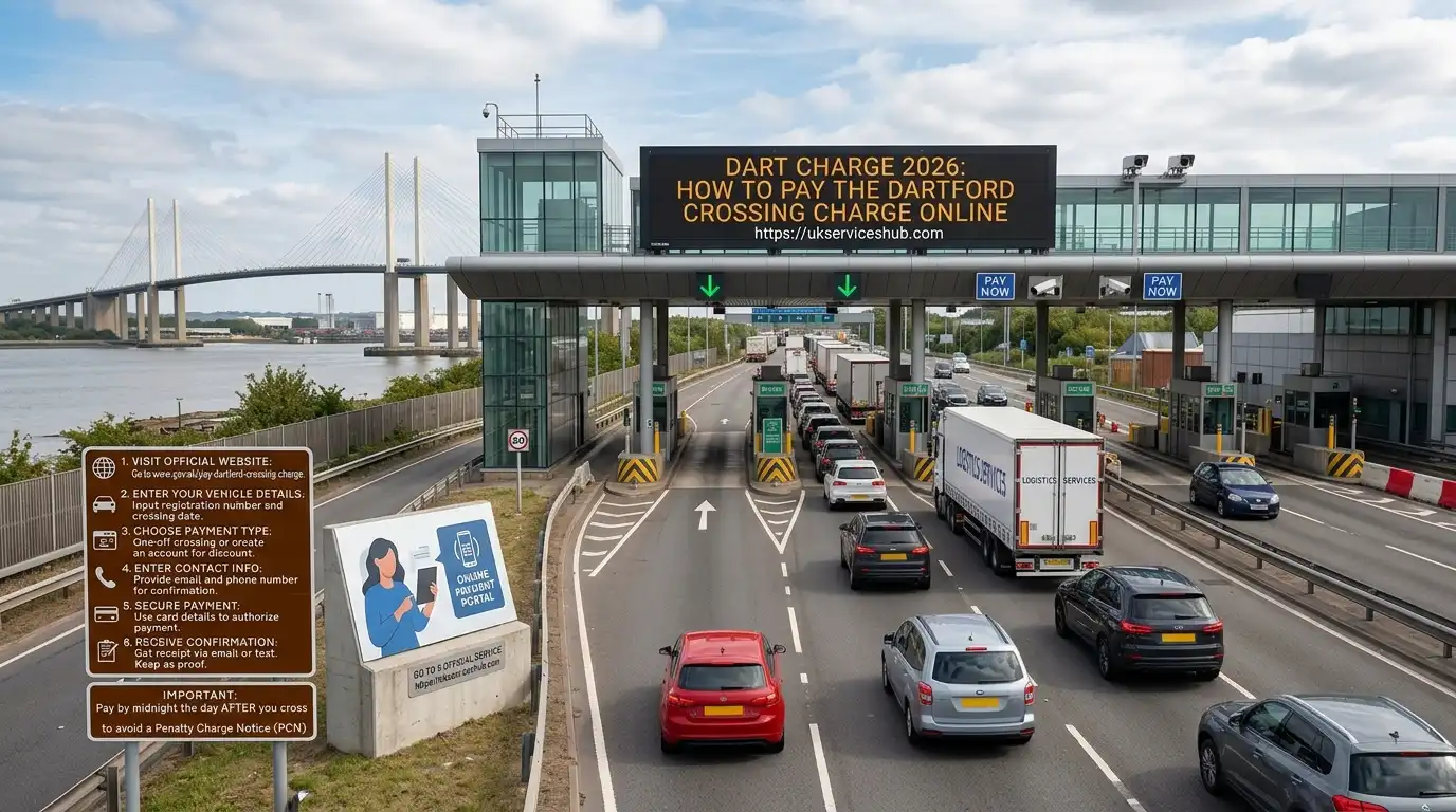Dartford Crossing motorway traffic with an overhead electronic sign displaying 'Dart Charge 2026: How to Pay the Dartford Crossing Charge Online' and website URL [https://ukserviceshub.com](https://ukserviceshub.com).