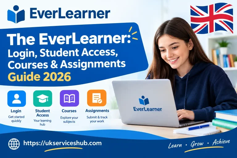 EverLearner 2026 guide featuring login, student access, courses and assignments with a UK flag and student using a laptop.