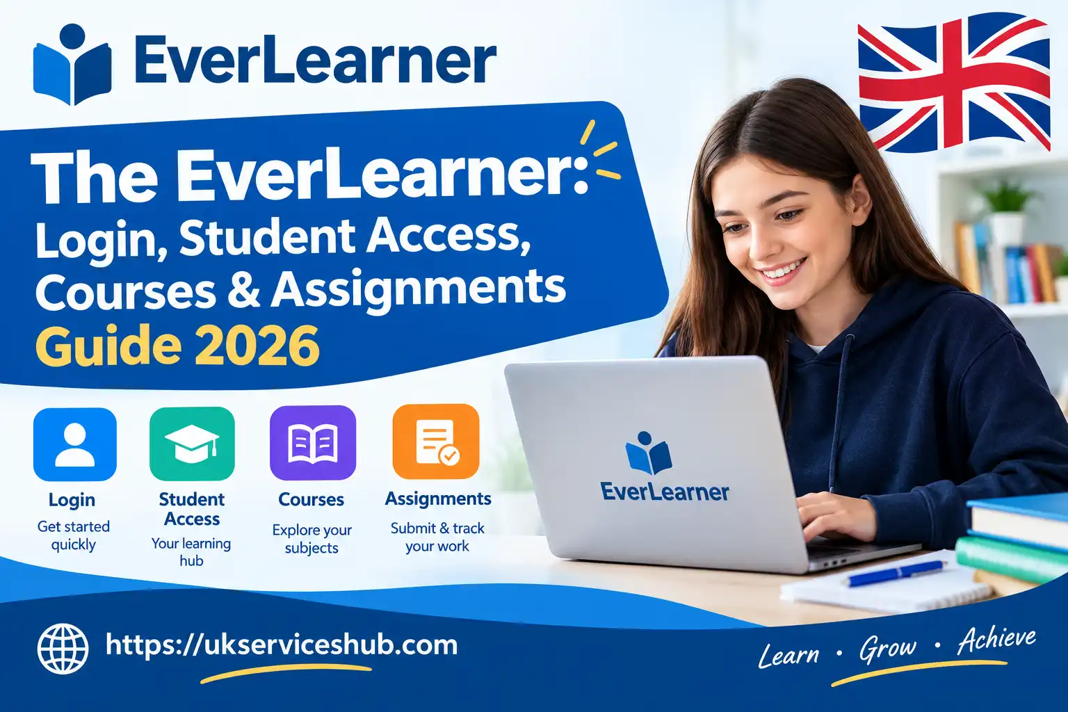 EverLearner 2026 guide featuring login, student access, courses and assignments with a UK flag and student using a laptop.
