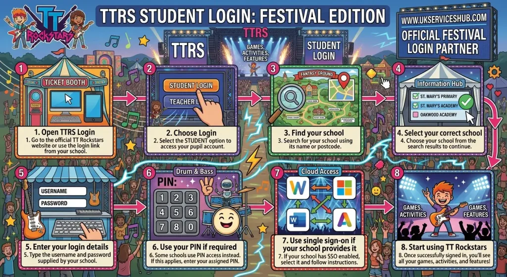 TT Rockstars Festival Edition student login step-by-step visual guide infographic by ukserviceshub.com
