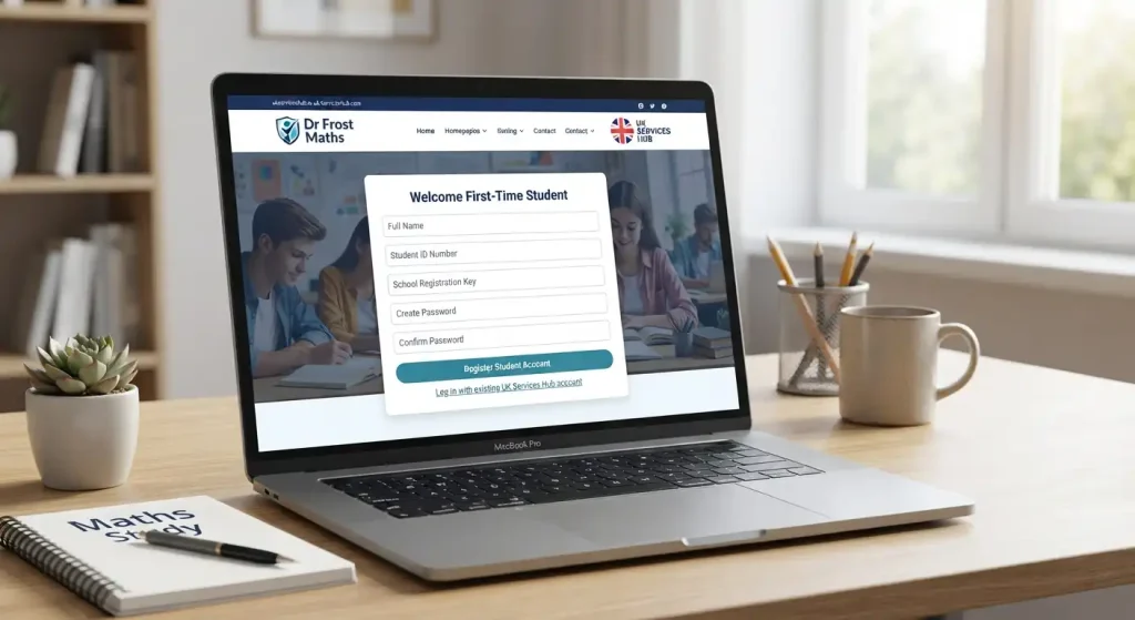 Laptop on a desk displaying the Dr Frost Maths first-time student registration form with the UK Services Hub branding.