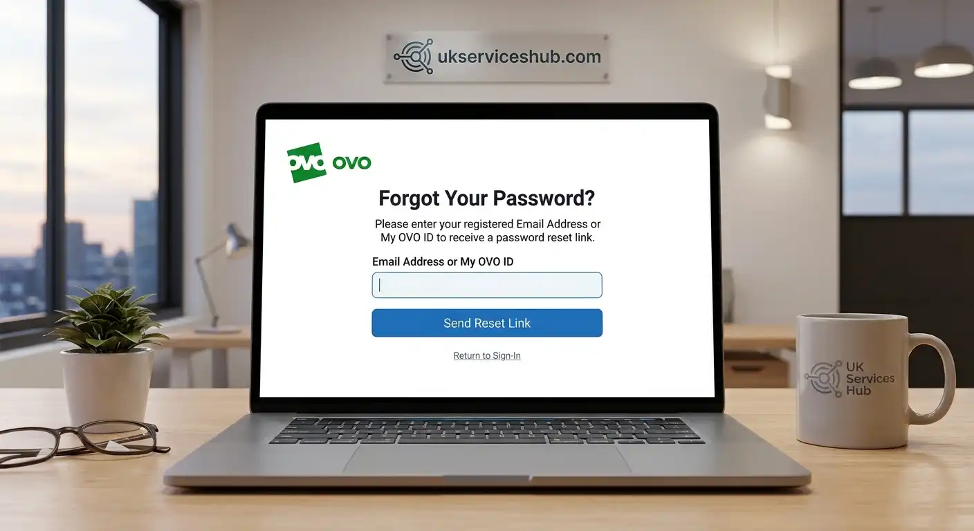 OVO Energy portal password recovery page on laptop screen by ukserviceshub.com