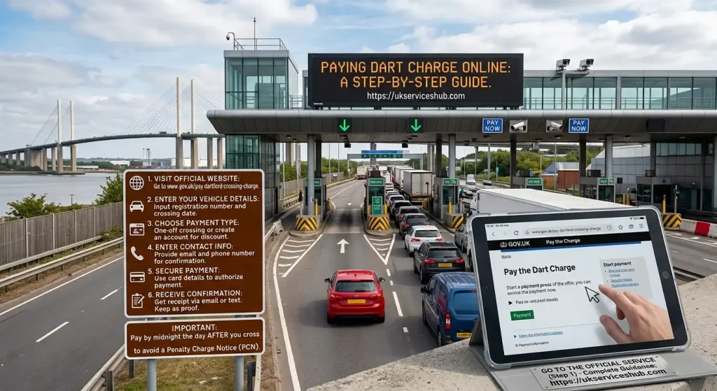 A person using a digital tablet displaying the official GOV.UK Dart Charge payment website, set against a realistic backdrop of the Dartford Crossing toll road with website credit [https://ukserviceshub.com](https://ukserviceshub.com).