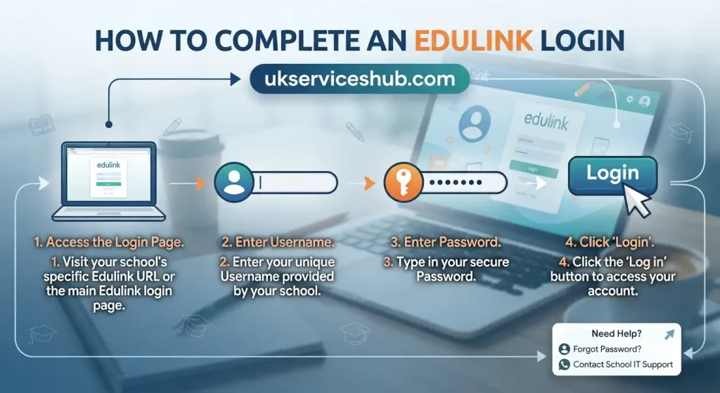 Infographic guide showing how to complete an Edulink login for UK Services Hub, with four numbered steps: 1. Access Login Page, 2. Enter Username, 3. Enter Password, 4. Click Login.