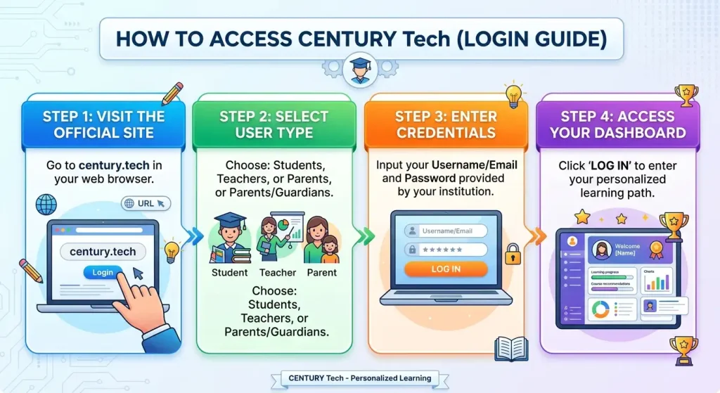 Alt Text: Infographic showing a 4-step login guide for CENTURY Tech, including visiting the website, selecting user type, entering credentials, and accessing the learning dashboard.