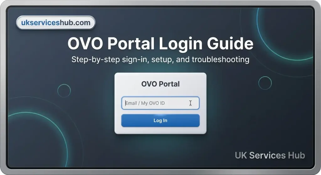 OVO Energy portal login guide banner showing sign-in screen on laptop by ukserviceshub.com