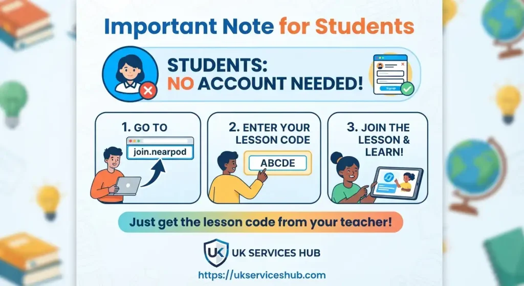 Important note for students joining Nearpod without an account using join.nearpod and a lesson code, published on UK Services Hub.