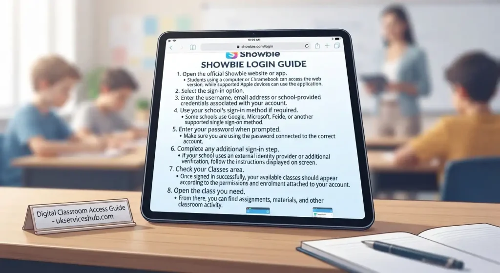 Tablet screen displaying the "Showbie Login Guide" with 8 step-by-step instructions in a classroom setting.