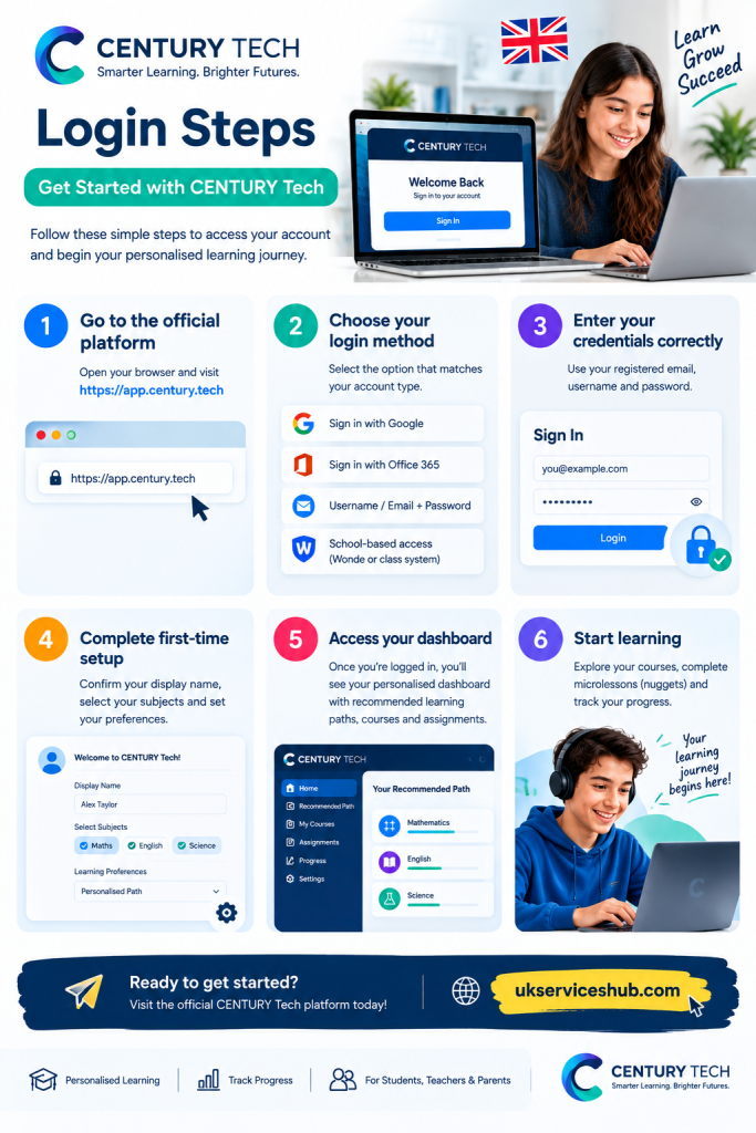 CENTURY Tech login steps infographic showing app access, sign in methods and dashboard setup guide