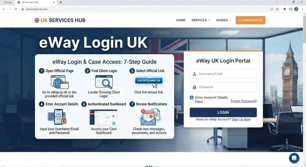 eWay UK Login & Case Access 7-Step Guide on UK Services Hub webpage displayed in a browser.