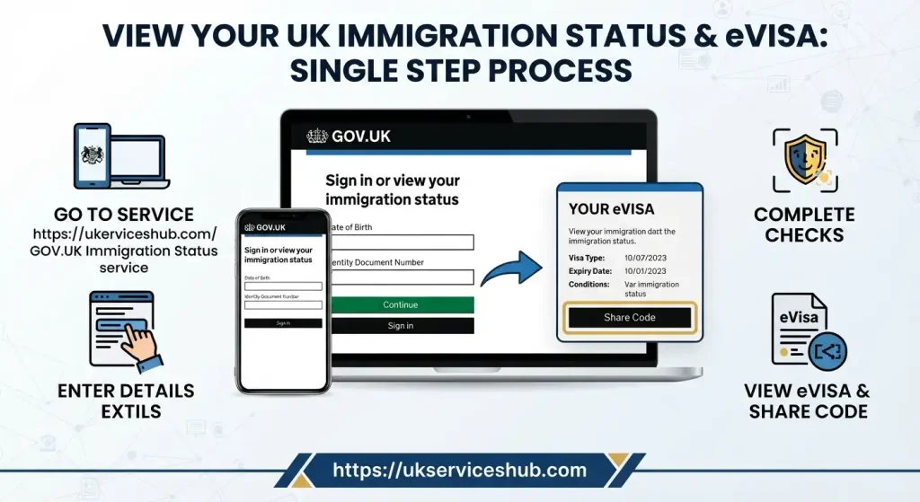 UK immigration status and eVisa login steps guide showing how to view eVisa and generate a share code via ukserviceshub.com