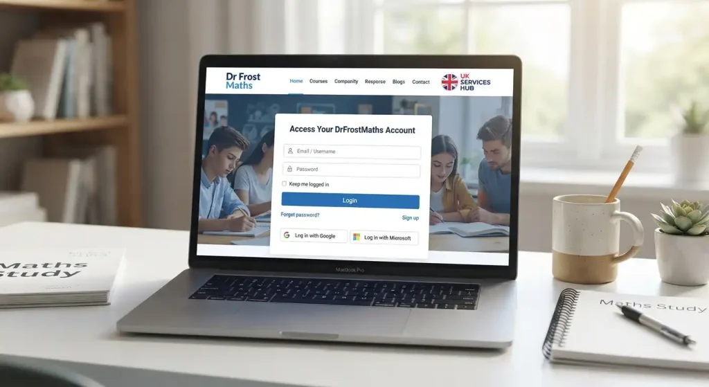 Laptop on a desk displaying the Dr Frost Maths login page with Google, Microsoft sign-in options, and the UK Services Hub logo.