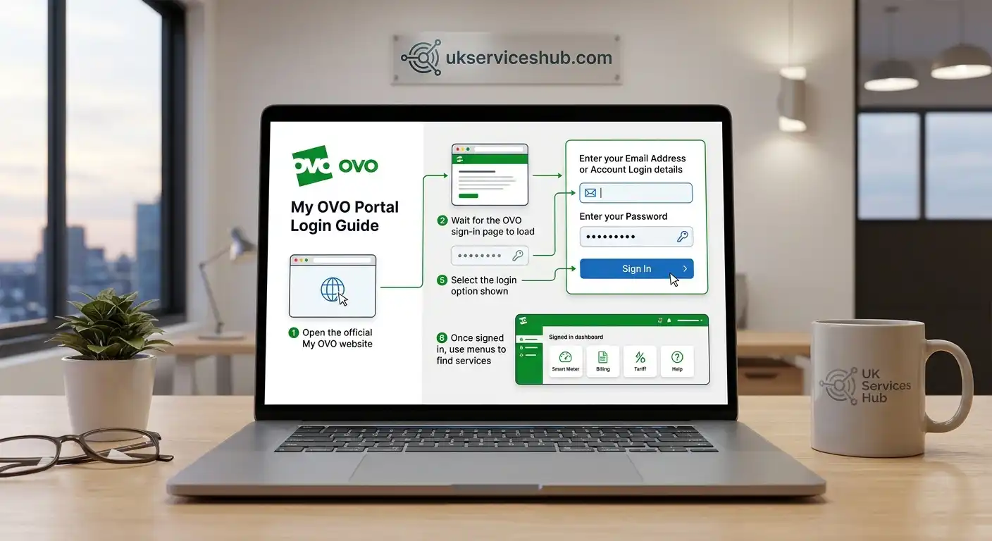 OVO Portal login guide displayed on a laptop screen with ukserviceshub.com branding and a desk setup.