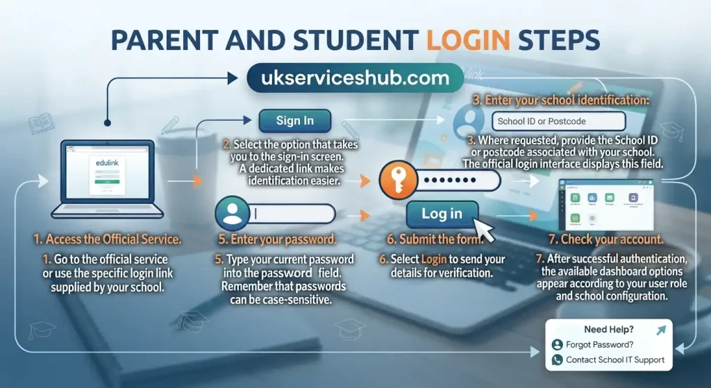 Parent and student login steps infographic for UK Services Hub showing a 7-step process: accessing the official service, locating the login area, entering school identification, username, and password, submitting the form, and checking the account.