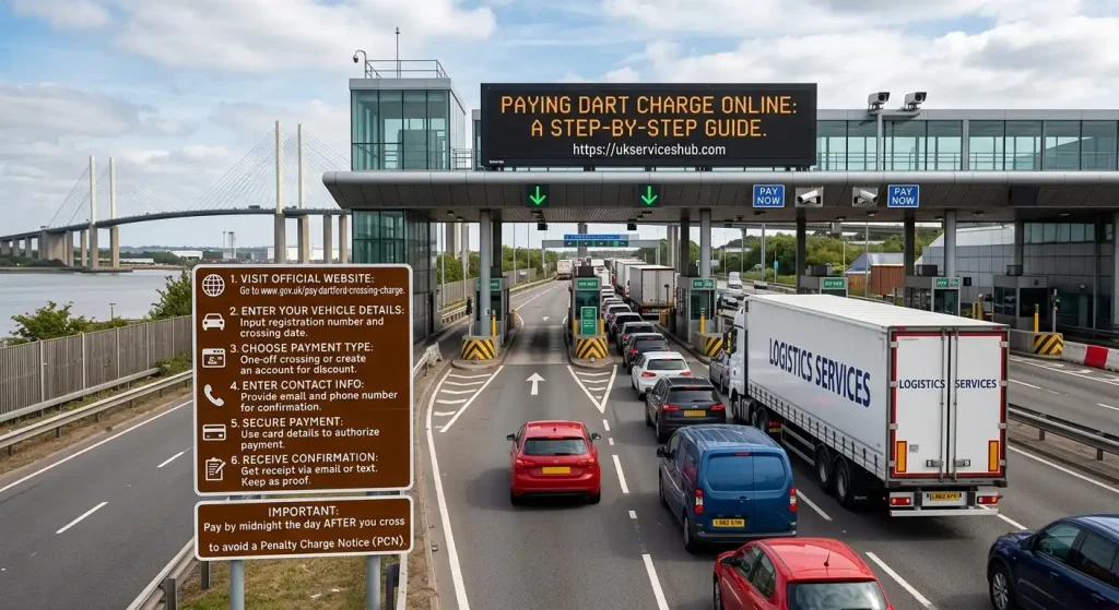 Realistic photographic view of the Dartford Crossing traffic with an informative highway signboard showing step-by-step instructions on paying the Dart Charge online.