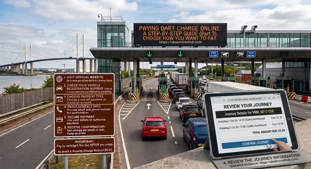 A digital tablet displaying Step 4 of the Dart Charge payment process showing journey details, dates, and crossing fees, with the Dartford Crossing road background.