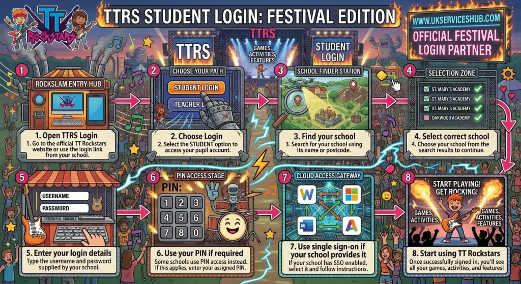 TT Rockstars Rockslam mode student login guide infographic by ukserviceshub.com
