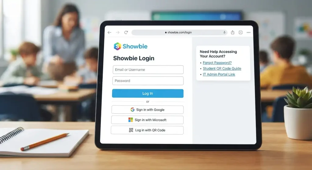 Tablet screen showing the Showbie login page with email, password, and SSO options on a wooden desk in a classroom.