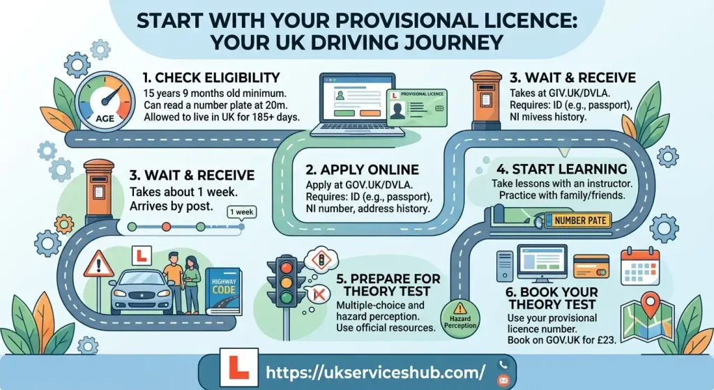 Infographic titled 'Start with Your Provisional Licence: Your UK Driving Journey' mapping out a step-by-step road path with ukserviceshub.com branding.
