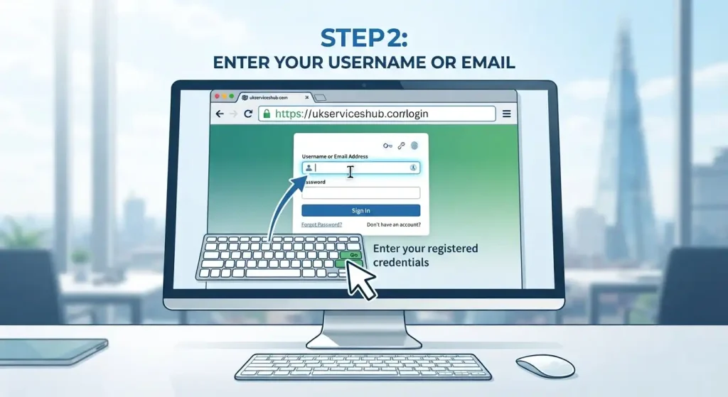 "STEP 2: ENTER YOUR USERNAME OR EMAIL" guide displayed on a computer monitor. Shows a browser with the URL "https://ukserviceshub.com/login" and a username input field highlighted, with an arrow from a keyboard illustration.