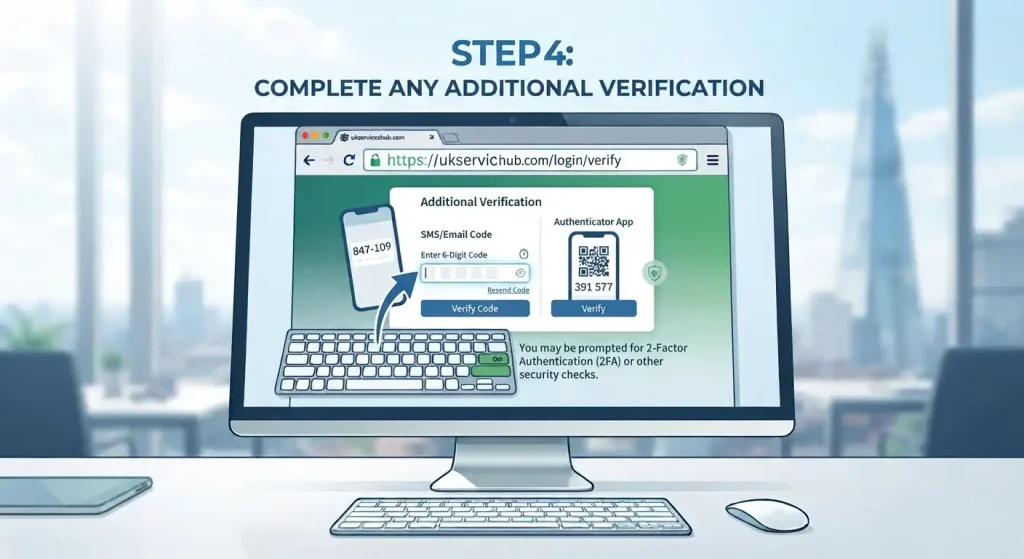 "STEP 4: COMPLETE ANY ADDITIONAL VERIFICATION" guide on a computer monitor in an office with a view of The Shard. Shows a web browser with a 2FA verification screen ([https://ukserviceshub.com/login/verify](https://ukserviceshub.com/login/verify)), SMS code input, and an authenticator app illustration.