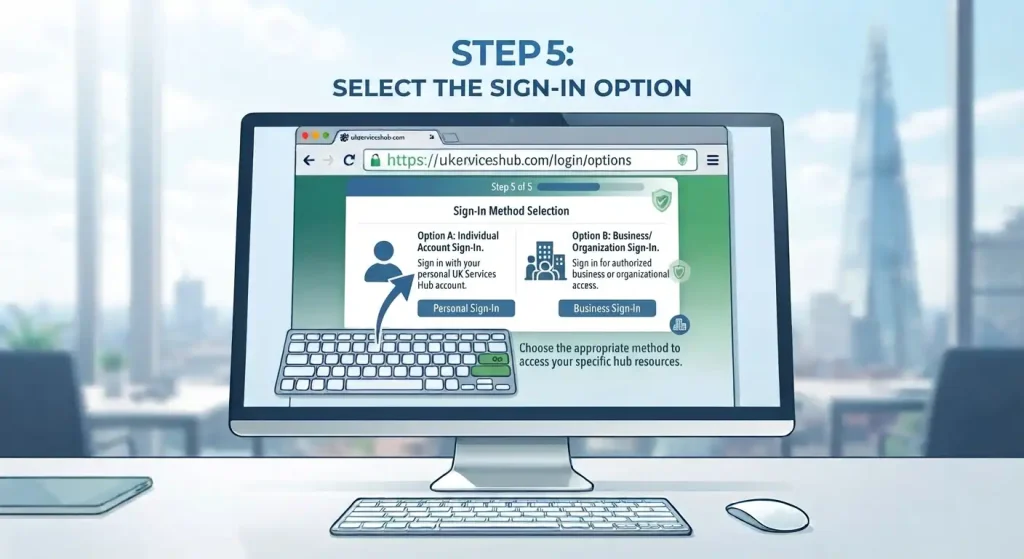 "STEP 5: SELECT THE SIGN-IN OPTION" guide on a computer monitor in an office with a view of The Shard. Shows a web browser with two sign-in options: "Individual Account Sign-In" and "Business/Organization Sign-In".