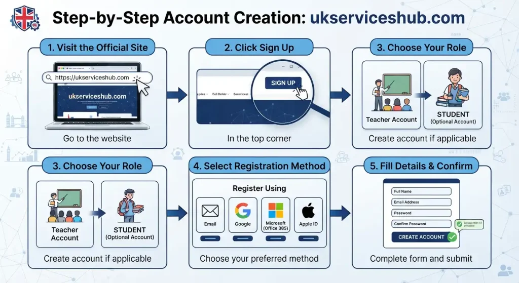 A visual step-by-step infographic guide for creating a teacher or student account on ukserviceshub.com, detailing the registration process from visiting the website to final confirmation.