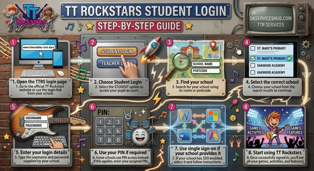 TT Rockstars student login step-by-step visual guide infographic by ukserviceshub.com