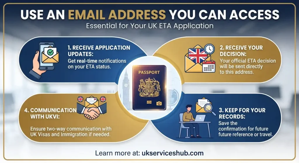Infographic explaining why a accessible email address is essential for a UK ETA application from ukserviceshub.com"
