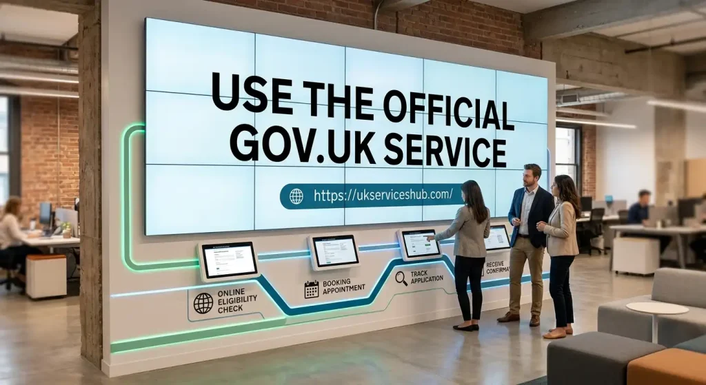A photograph of three professionals standing in a modern, brick-walled office lobby in front of a massive, multi-panel video display wall. The screens prominently feature large black text reading "USE THE OFFICIAL GOV.UK SERVICE," with the website "https://ukserviceshub.com/" displayed on a dark blue banner below. Connected to the main screen by glowing green LED light lines is a sequence of four smaller interactive touch screens displaying different official service forms, including "ONLINE ELIGIBILITY CHECK," "BOOKING APPOINTMENT," and "TRACK APPLICATION."