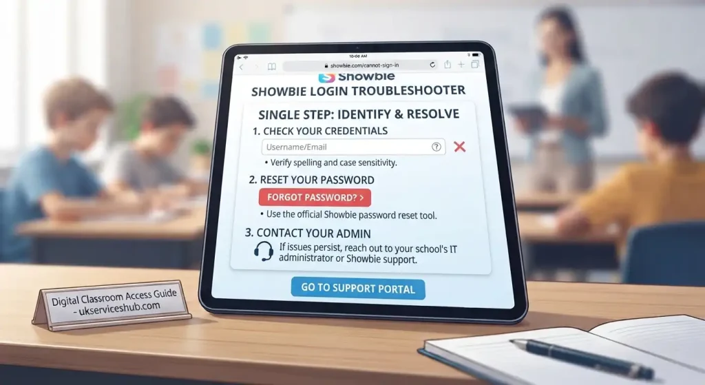 Tablet screen displaying "Showbie Login Troubleshooter" with three steps to resolve sign-in issues, set on a wooden desk in a classroom.