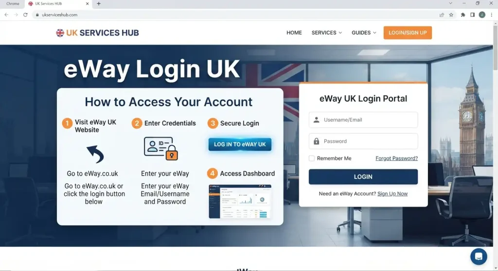 eWay Login UK page displayed in a browser showing the UK Services Hub website with account access steps and login portal.