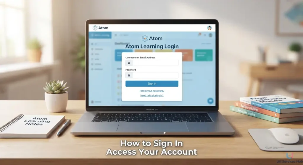 Atom Learning Login page displayed on a laptop screen with revision guides and notes on a desk, featured on UK Services Hub.