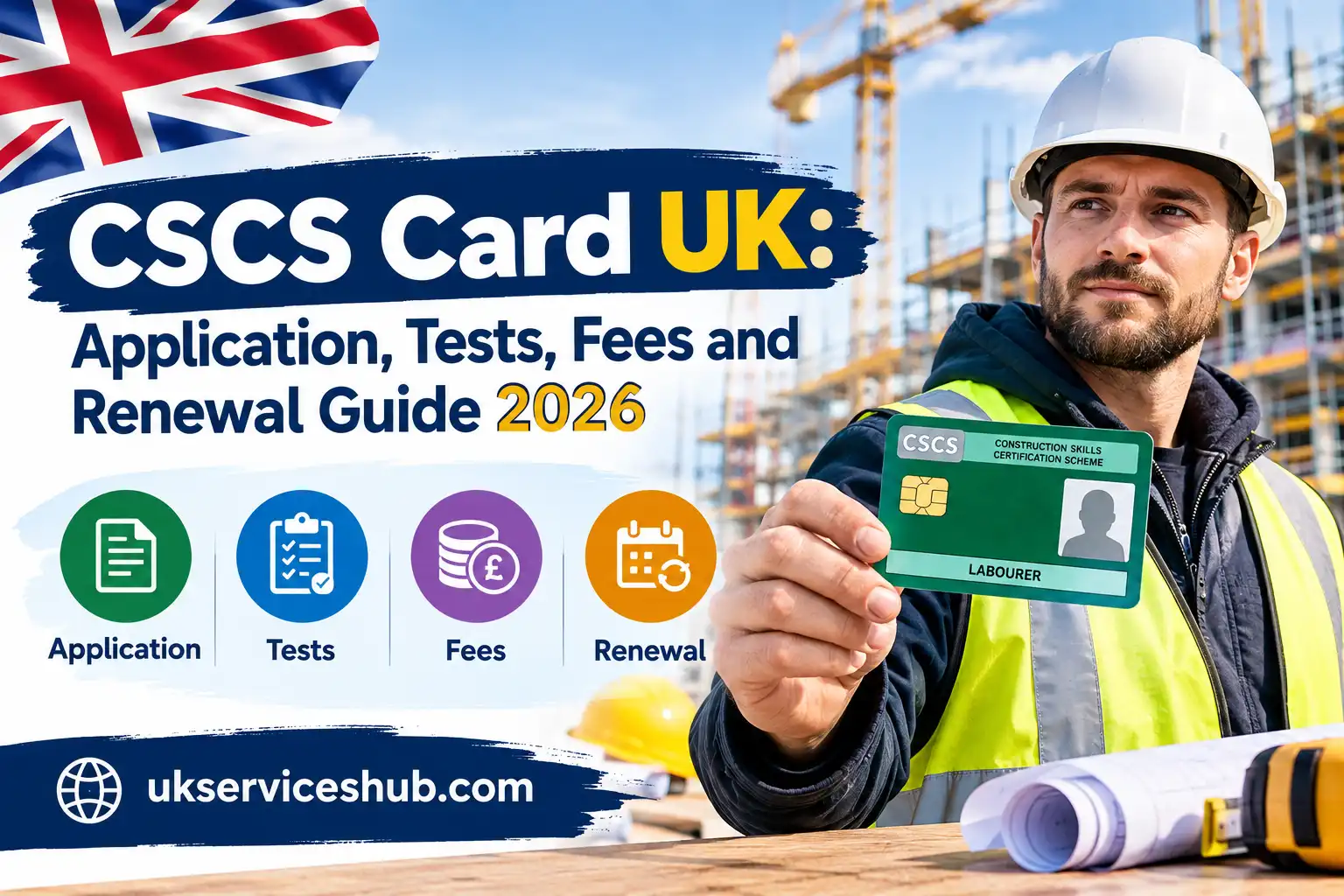 CSCS card UK guide 2026 covering card applications, CITB health and safety tests, fees and renewal, with a UK flag and construction worker.