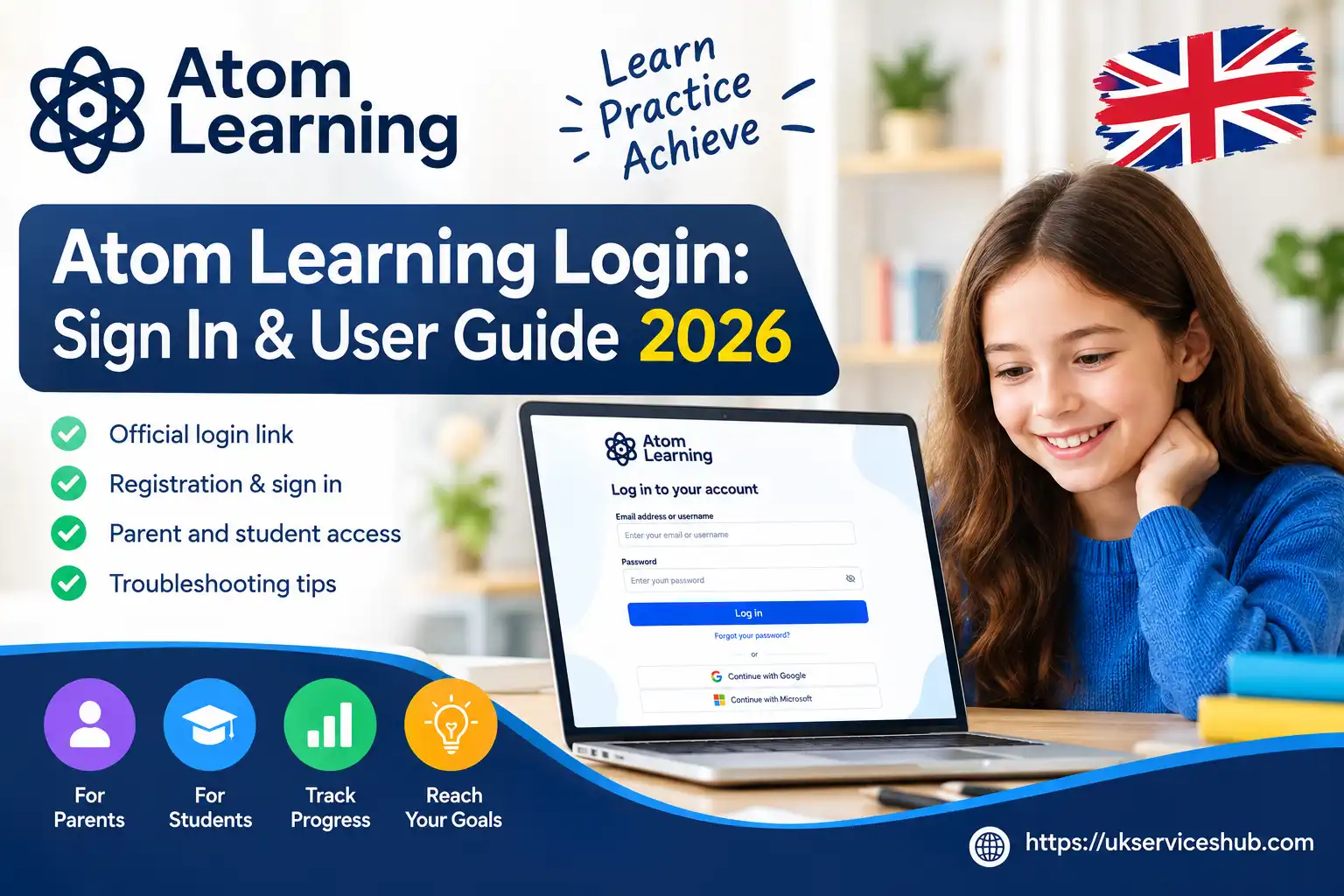 Atom Learning login and sign-in user guide 2026 with UK flag