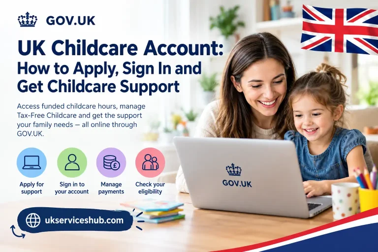 UK childcare account guide featuring the Union Jack flag, showing a mother and child using a laptop to access childcare support, apply online, sign in and manage childcare payments through GOV.UK.