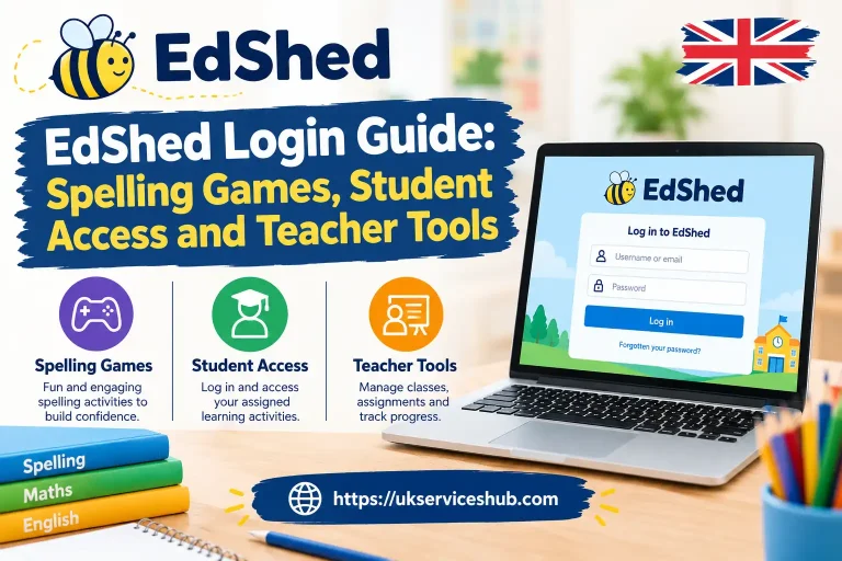 EdShed login guide featuring the sign-in screen, spelling games, student learning access, and teacher tools.