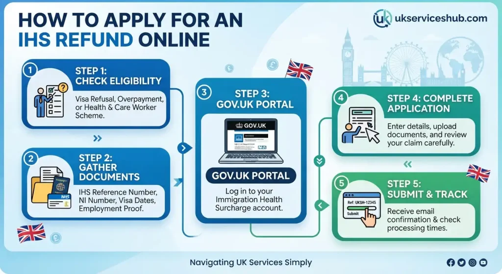 Infographic titled "How to Apply for an IHS Refund Online," showing a 5-step process: Check Eligibility, Gather Documents, Access GOV.UK Portal, Complete Application, and Submit & Track, with UK landmarks and currency icons.