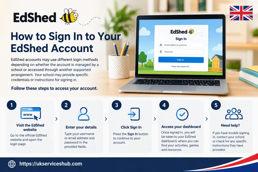 EdShed account login guide showing the sign-in screen and steps to access an EdShed account.
