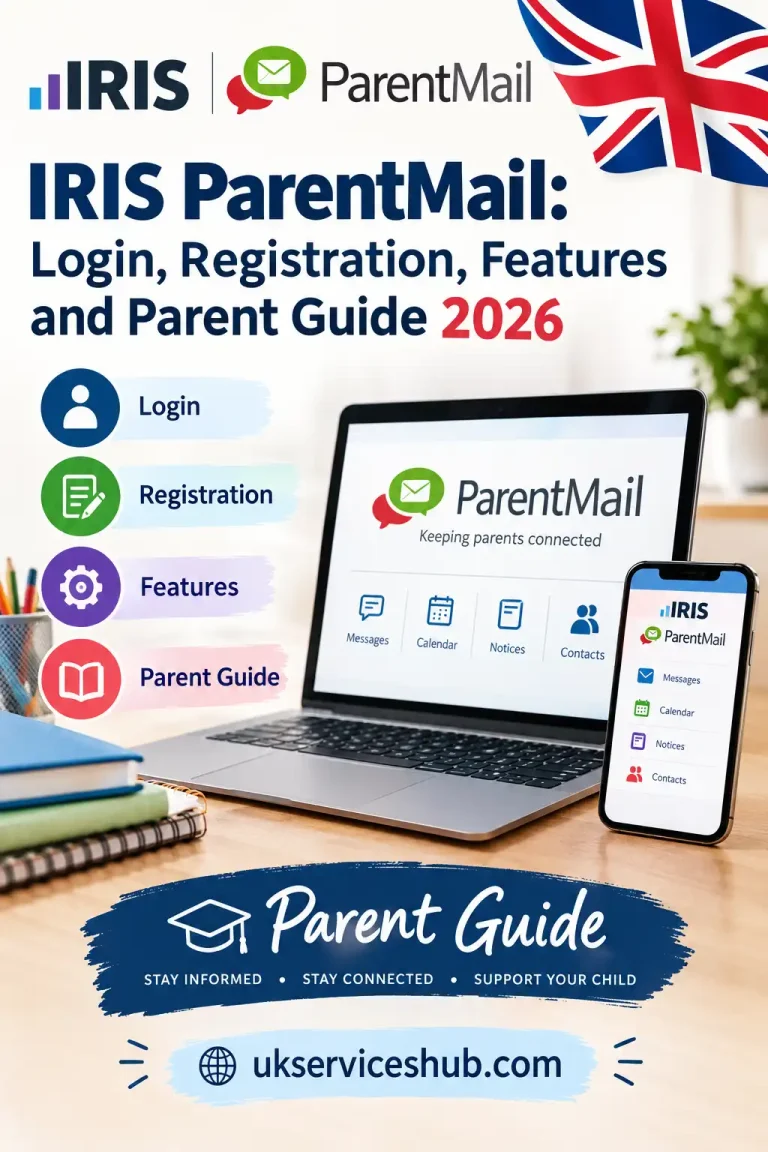 IRIS ParentMail login and registration guide for parents featuring a laptop, mobile app, key features, and the UK flag.
