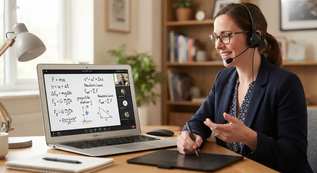 Online maths aur physics ki tutor Sarah Jenkins Zoom video call par virtual whiteboard ka istemal karte hue aur wacom tablet par likhte hue.