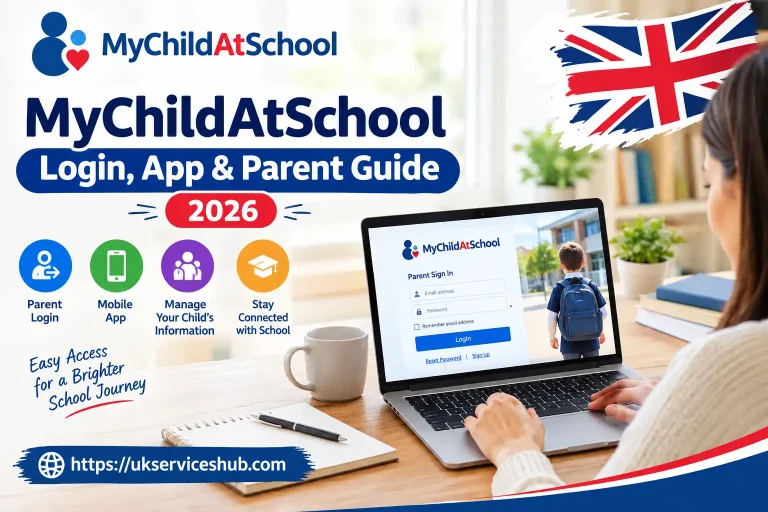 MyChildAtSchool Parent Login Guide 2026 showing laptop screen with parent sign-in page, UK flag, and mobile app icons.