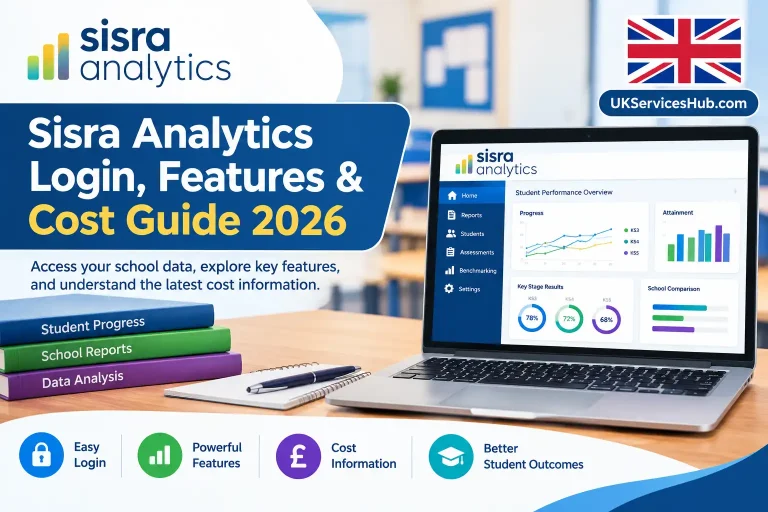 Sisra Analytics login, features and cost guide 2026 featuring an educational analytics dashboard, student progress reports, performance charts and UKServicesHub.com branding.