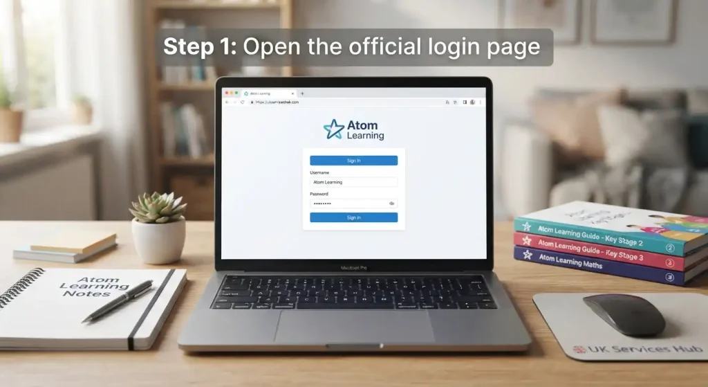 Laptop displaying the Atom Learning login page as Step 1 for accessing the UK Services Hub portal, with study materials on a desk.
