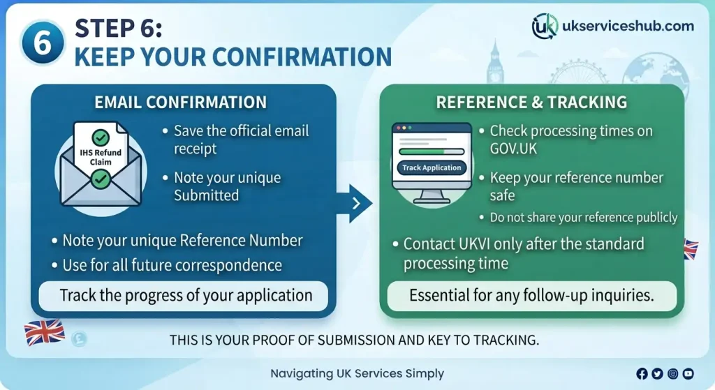 Infographic titled "Step 6: Keep Your Confirmation" from UK Services Hub, explaining how to save email receipts, track applications on GOV.UK, and manage reference numbers safely for future inquiries.